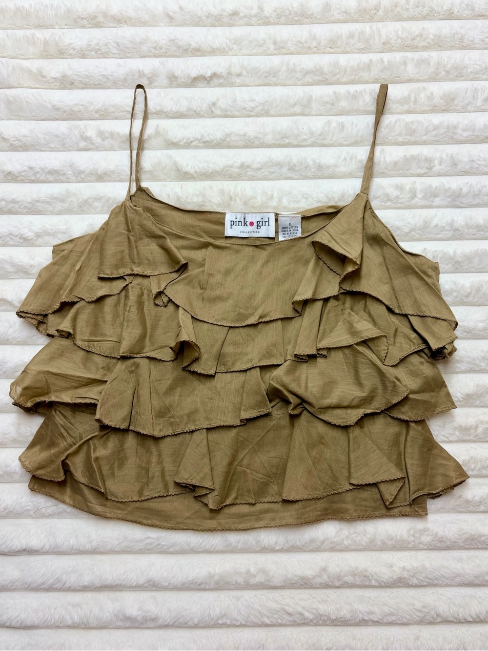 Ruffled Spaghetti Strap Crop Top in Tan Size S